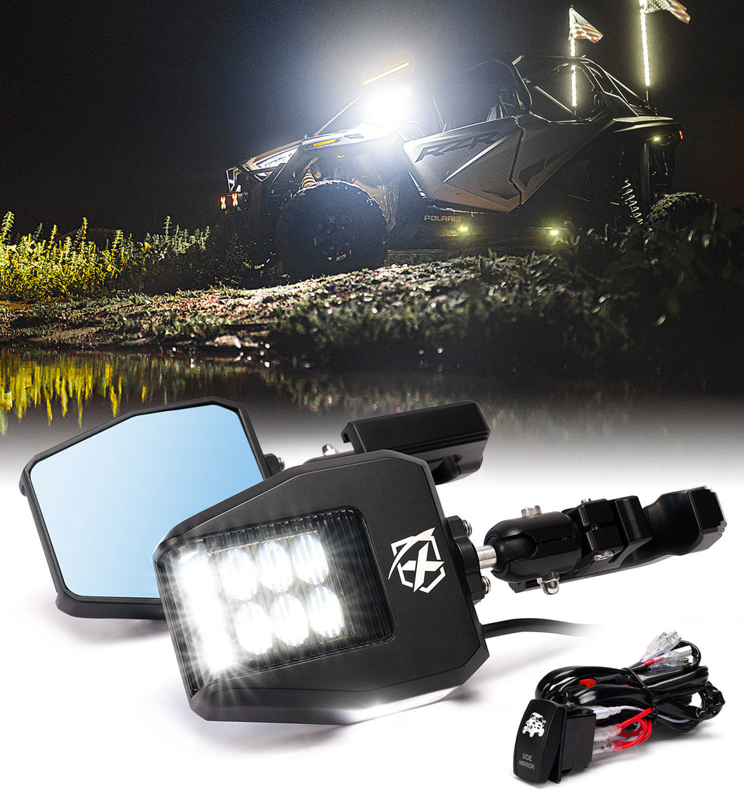 UTV Side View Mirrors with LED Spotlights & C-Clamp Brackets